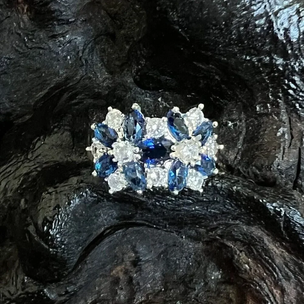 Large Statement Floral Cluster Ring Size 6 Blue Clear Silver Tone Prong Set